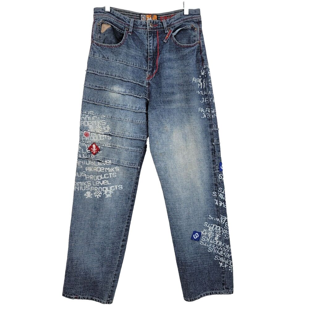Akademiks Mens Jeans Size 34x32 Spell Out Skull & Crossbones Patch Jeanius Level